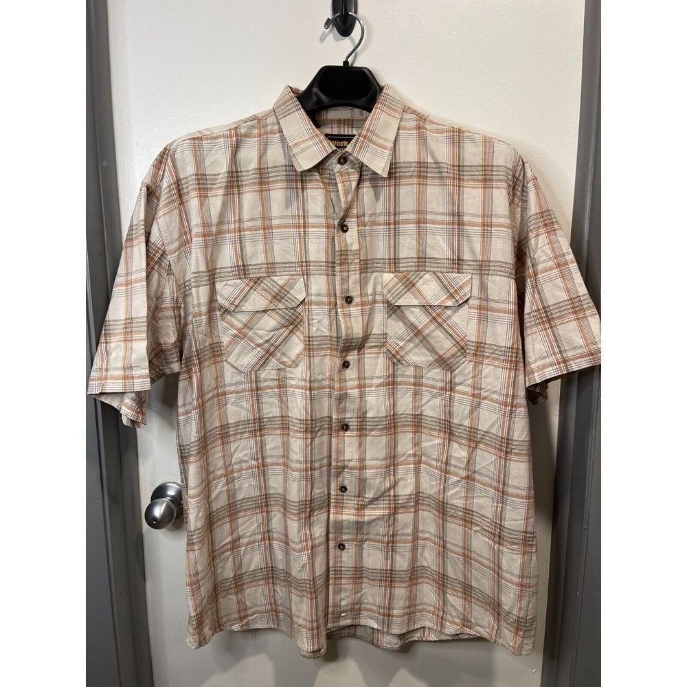 Work n' Sport Men's Short Sleeve Button Up Shirt Size 2XL Brown/Tan/Beige Plaid